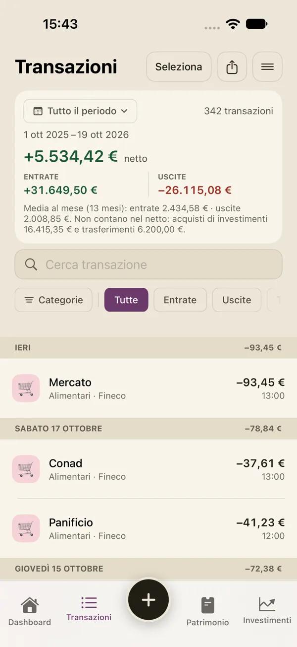Transazioni: entrate, uscite e ricerca